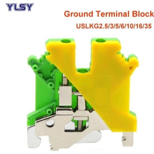 10/5Pcs DIN Rail Screw Earthing Terminal Block USLKG2.5/3/5/6/10/16/35 UK Morsettiera Yellow Green Ground Wire Connector Brass