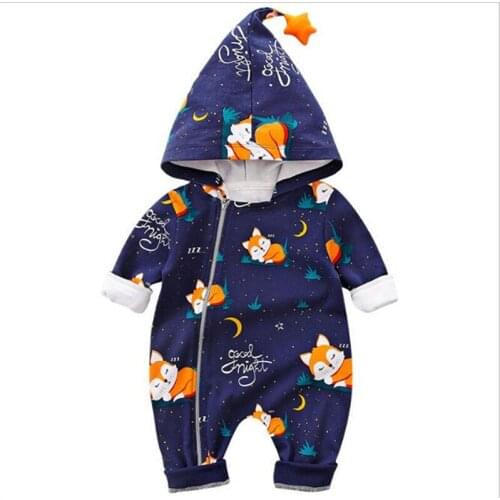 Baby Sleep Romper Spring And Autumn Starry Sky Fox Print Zipper Hooded Long-Sleeved One-Piece Long-Legged Romper Newborn Clothes