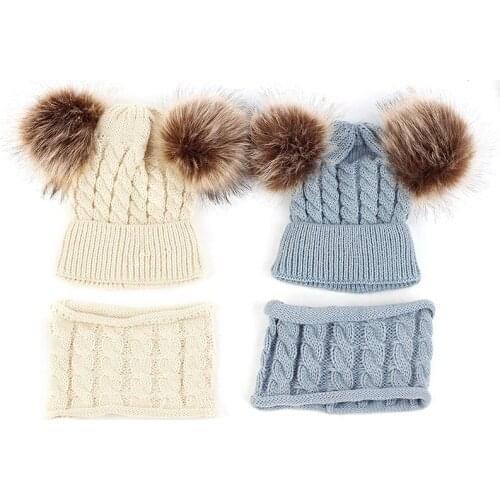 Cute Children Knitted Ribbed Beanie Hat With Fake Faux Fur Pompom Scarf Set Style Cap For Winter Warm Kids Baby Skullies Hat