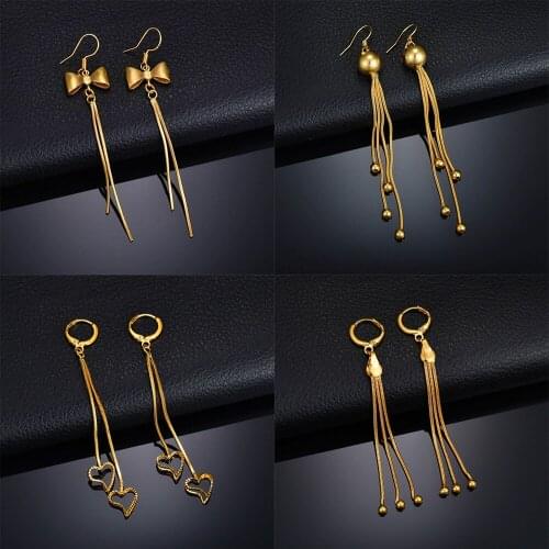 MMS Trendy Gold Earrings Bow/Beads/Heart-shaped Design Pendant for Women Copper Material Earrings Long Chain Earrings Jewelry