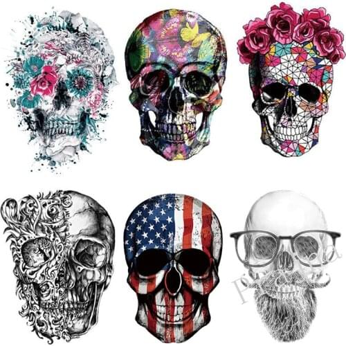 Fashion Skull Patches Iron On Transfers Flower Punk Skull Stickers Applique Clothes for T-shirt Thermal Patches Decor