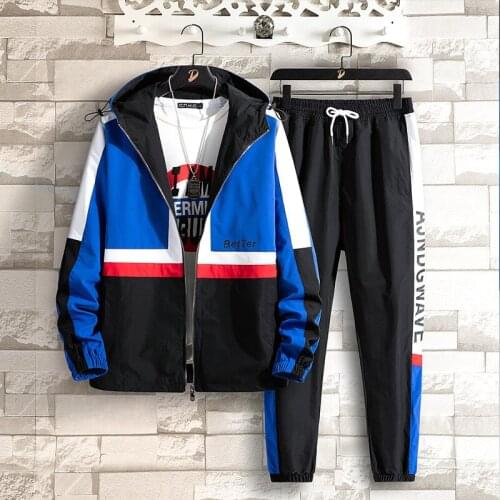 Male gym sport pants men autumn long sleeve hooded patchwork jacket pants 2 piece set sweatsuit men sportswear tracksuit man set