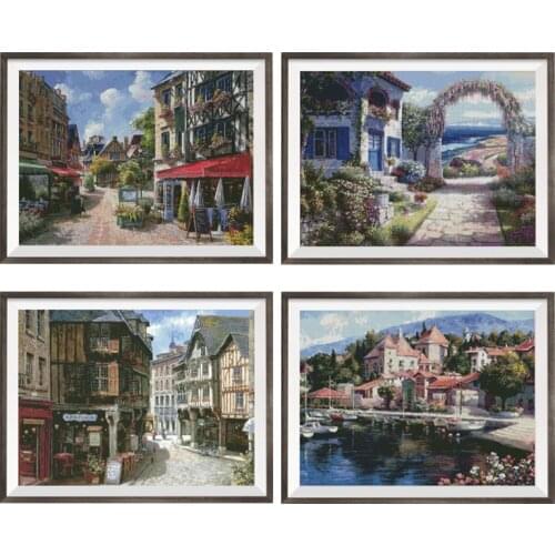 European Town Cross Stitch Embroidery Kits Printed Fabric Patterns 11CT 14CT Sewing Needlework Crafts Home Decorations Paintings