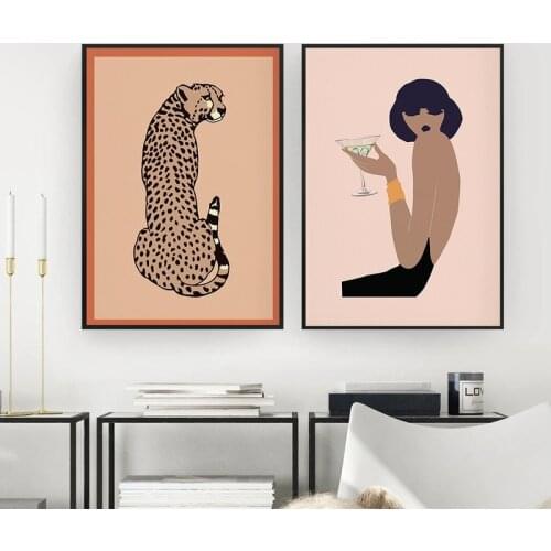 Woman Cheetah Wall Art Canvas Painting Posters and Printed Leopard Animal Pictures Nordic Living Room Decoration Home Decor