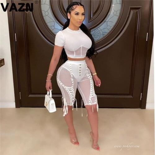 VAZN 2020 New High Quality Sexy Club Lace See Through Solid Young Cross Bandage Top Solid Women Skinny Knee Length