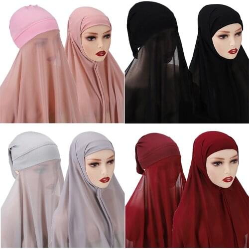 Plain Chiffon Shawl With Jersey Underscarf Islam Inner Scarf Headband Stretch Hijab Cover Headwrap Turbante Head Scarf 2022