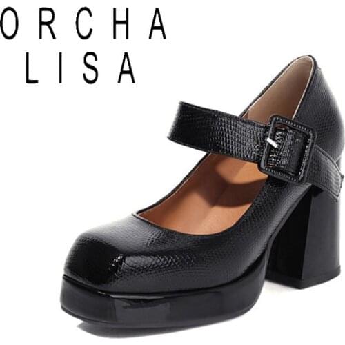 ORCHALISA New 2021 Women Pumps Square Toe 9.5cm Block Heels Patent Leather Buckle Cool Punk Vintage Big Size 48 Casual Red