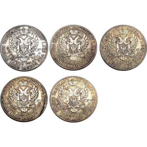 Poland A set of(1830-1834) 5pcs 5 Zlotych Silver Plated Coins Copy