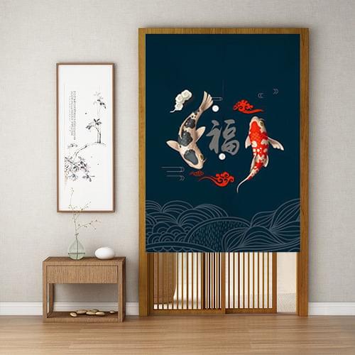 Dustproof Door Curtain Hanging Short Curtain Chinese Koi Pattern Door Screen Japanese Curtains for Kitchen Cafe Home Decor