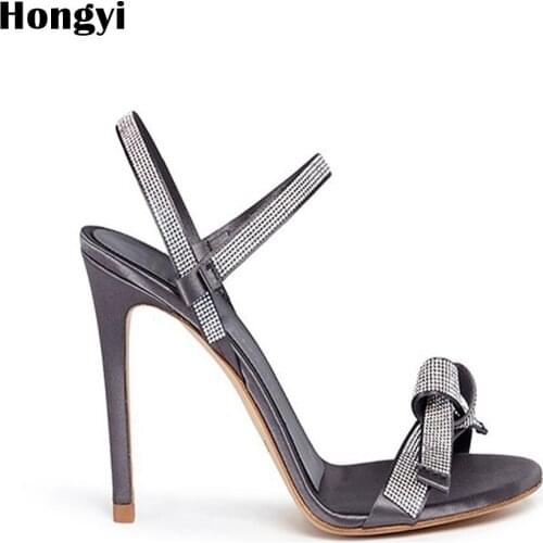 Black High Heel Sandals Women Crystal Shoes Ankle Strap Sandals Summer Gladiator Open Toe Stiletto Sandal Shoes Big Plus Size 10