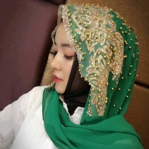 Chiffon Beaded Hijabs Ladies 2020 Temperament Muslim Vintage Ethnic Style 170*70CM Pure Color Patchwork Shawls Headband Scarf