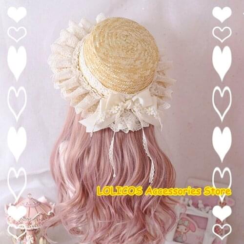 Sweet Lolita Original Elegant Straw Hat CLA Daisy Lace Trim Bow Strawhat Wedding Wide brim Straw Plaiting Sun hat Mori Girl
