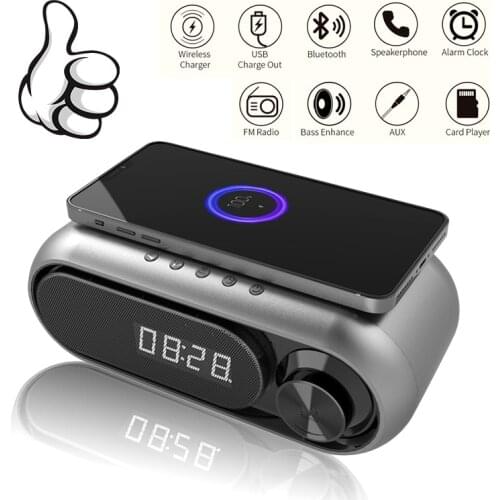 All in One Professional Bluetooth Speaker Wireless Charger Speakphone Alarm Clock FM Radio Bass Enhance FM radio TF Card