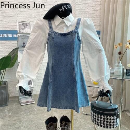 Women Fashion Fake Two Piece Patachwork Denim Dress Long Puff Sleeve Slim Waist Blue Jeans Dress Vintage A Line Dress Vestidos