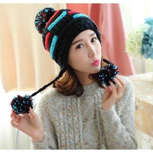 Hat Female Winter Adult Wool Cap Womens-Korean-Style Furry Ball Knitted Hat Warm Earmuffs Hat Ushanka