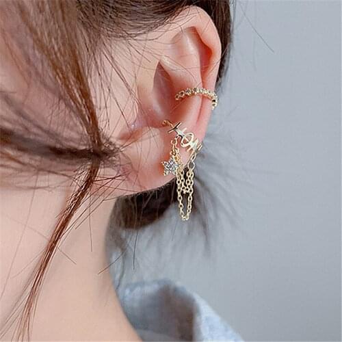 Womens Fashion Asymmetric Cartilage Clip Earrings Letter Star Chain Tassel Cuff Earrings Female Golden Earring Accessories Gift