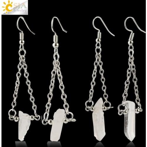 CSJA Natural Stone White Crystal Drop Earrings Freeform Quartz Pillar Pendant Creative Design Dangle Earring Women Jewelry G290