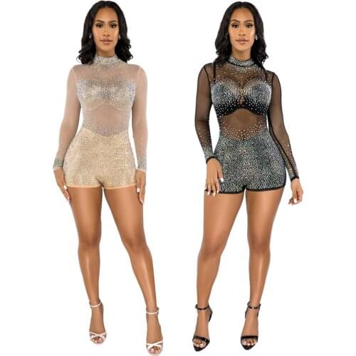 Echoine Women Diamonds Rompers And Jumpsuits Summer Sexy Short Jumpsuits Casual Mesh See Through Long Sleeve Romper Playsuit