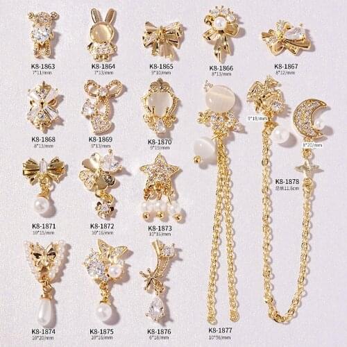 1PC/2PCS Nail Charms Luxury Zircon Jewelry,Bear/Star/Bow 3d Nail Art Decorations Rhinestones Golden, Metal Crystal Diamond Gems