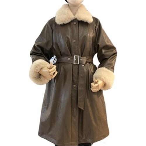 2021 New Arrivals Plus Size Womens PU Leather Overcoats Loose Warm Winter Female Long Coats Parkas Belt Trendy Lady Outerwear