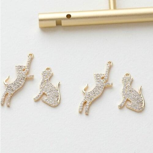 2pcs 14K Gold-Plated Copper Inlaid Zircon Cat Pendant DIY Ear Stud Bracelet Line Material Accessories