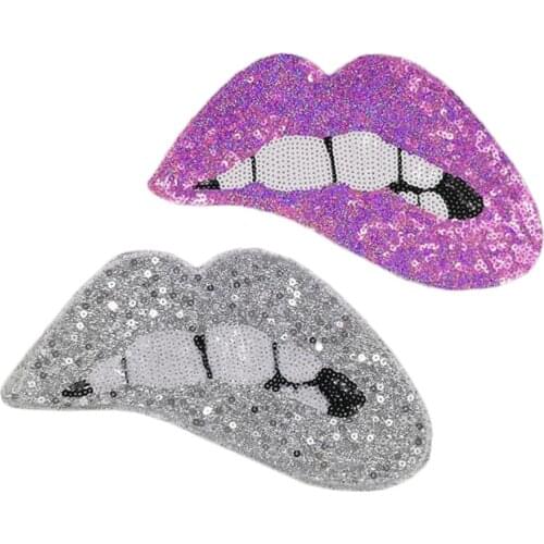 Biker Patches for clothing 265mm Lips Purple Silver Sequined Fabric Sequins Strange things Patch T-shirt women Clothes Stickers