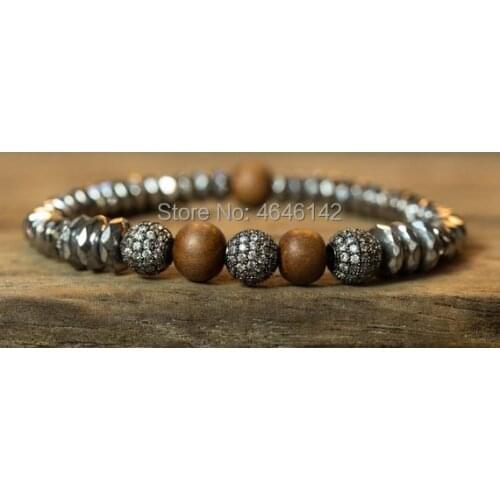 Boho Pave Gunmetal Ball Beads Wood Hematite Stone Beads Stretch Bracelet