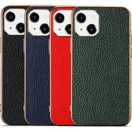 4 Color Genuine Leather Cover For Iphone 11 12 13 Pro Max Mini Real Natural Cowhide Skin + Soft Gold Electroplated Silicone Case