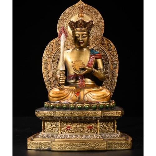 Tibet Temple Collection Old Bronze Painted Void Tibetan Bodhisattva Ākāśagarbha bodhisattva Sitting Buddha Ornaments Town House