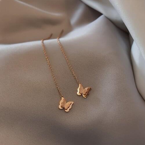 Korean Fashion Elegant Long Chain Butterfly Drop Earrings For Women Luxury Rose Gold Color Ear Line Jewelry Wholesale Earring