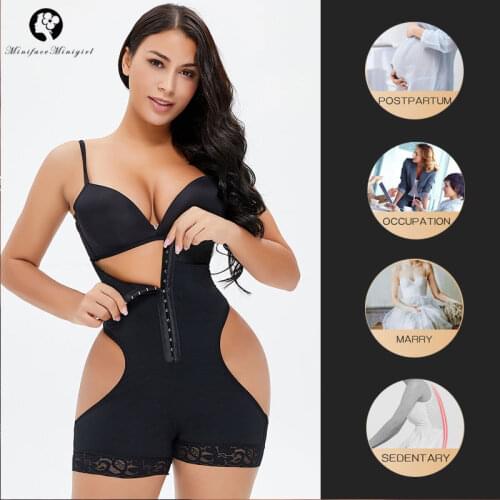 Full Tummy Control Body Shapers Open Butt Lifter Slimming Waist Trainer Bodysuit Shapewear Underwear Femme Black Lace Leg Hem
