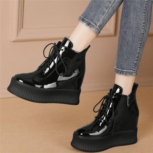 Lace Up Fashion Sneakers Women Genuine Leather Wedges High Heel Ankle Boots Female Round Toe Platform Oxfords Shoes Casual Shoes