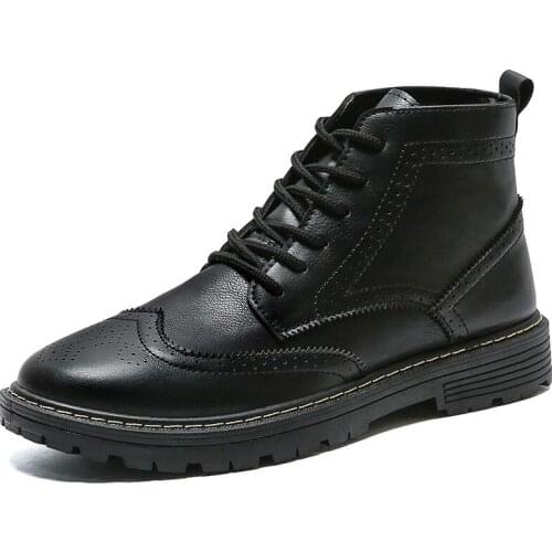 Men Martin Boots New High-Top British Boots All-Match Trendy Brogues Shoes Spring And Autumn Middle-Top Mens Leather Boots