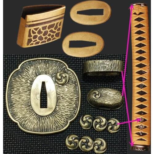 A Set Brass Japanese Katana/Wakizashi/Tanto Sword Handle Fittings Tsuba+Menuki+Fuchi+Kashira+Habaki+Seppa
