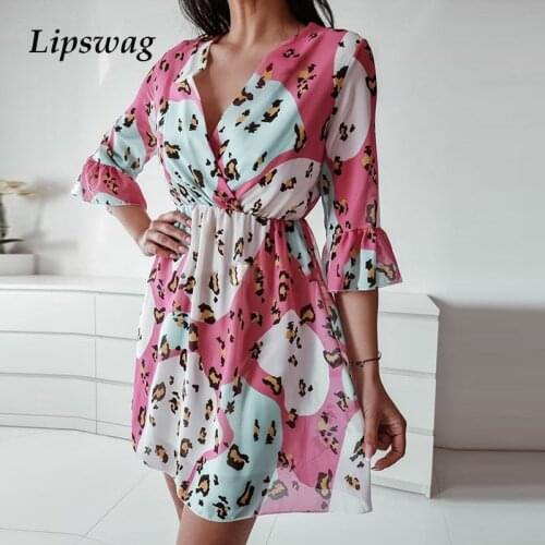 Autumn Half Sleeve A-Line Party Dress Lady Spring Leaopard Print Patchwork Mini Dress Women Casual V Neck Elastic Waist Dresses