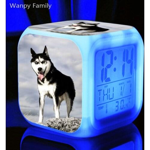 Cute Husky Pet Dog Alarm Clocks 7 Color Change Glowing LED Digital alarm clocks For kids room Multifunction Alarm Clocks Gift