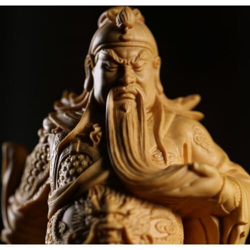 Boxwood 19CM Guan Gong Sculpture The Three Kingdoms Solid Wood Guanyu Statue Home Decor