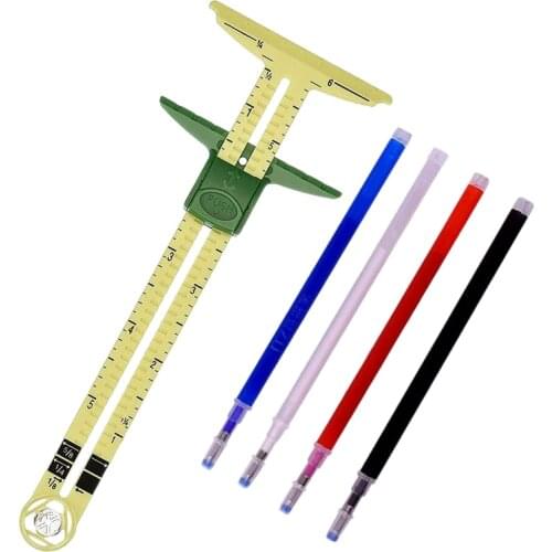 T-Shaped Sliding Gauge Sewing Measurement, Using 4 Colors of Fabric Thermal Erasing Pen, 5 in 1 Sewing Ruler Tool