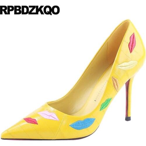 Pumps yellow embroidered embroidery pointed toe brand designer shoes women ultra extreme exotic dancer high heels scarpin sexy