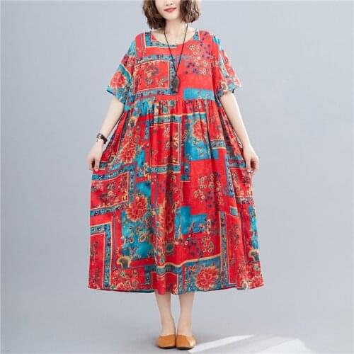 Uego Cotton Linen Print Floral Vintage Dress Plus Size 5XL 6XL Short Sleeve Loose Summer Dress Women Holiday Casual Long Dress