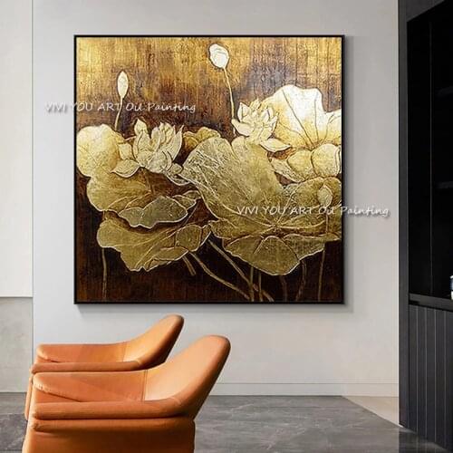 Hot Sale 100% Handmade Gold Foil Flower Oil Paintings For Home Decoration Wall Art Pictures Flower Wall Art Gift Unframed
