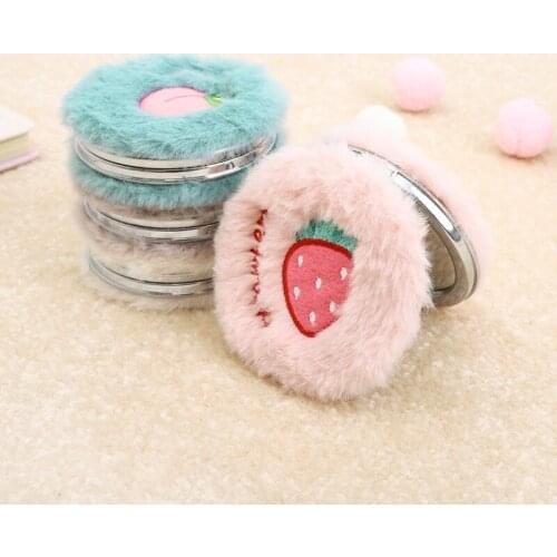 Women Girls Plush Mini Round Folding Pocket Mirror Cartoon Fruit Animal Embroidery Portable Double Sided Magnifying Random Color