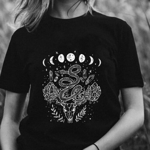 Gothic Moon Snake And Crystals Witchy Women T Shirt Harajuku Casual 90s Vintage Cotton Short Sleeve Hipster Graphic Tee Tops