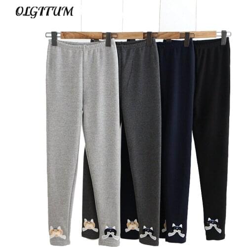 Women pants 2019 Winter snow wear sweet cat embroidery thicken warm wild pants velvet solid color Leggings pants Fashion