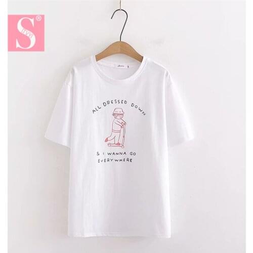 STVY Cute Cartoon Girl Letters Printed Women T-shirts 2020 Summer Fashion White Cotton Tee Shirts Mujer Basic Casual Loose Tops