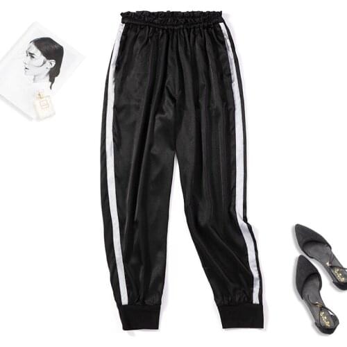 Womens 96% Mulberry Silk 4% Spandex Elastic Waist Jogger harem Pants Trousers Black L XL 2XL JN518