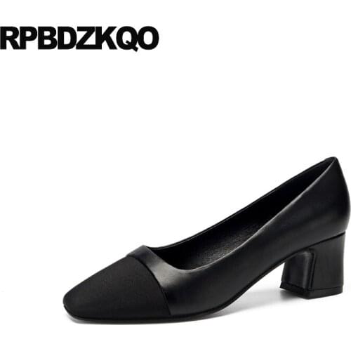 Black square toe discount suede block thick ladies formal shoes medium heels pumps size 4 34 court 2019 office chunky elegant