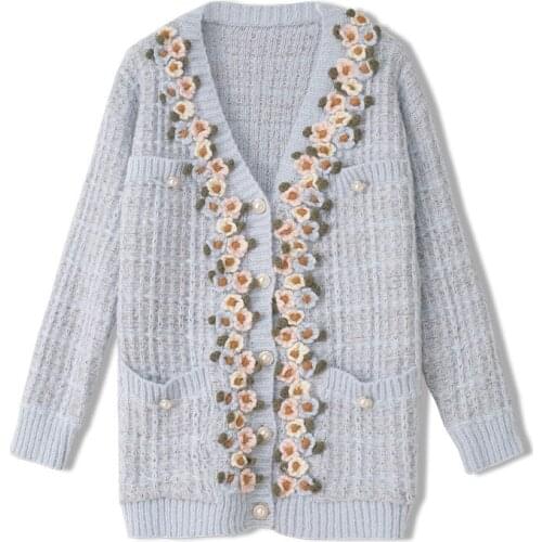 2020 Vintage Female Women Wool Sweet Warm Color Three-Dimensional Hand Sewn Flowers Knitted Sweater Cardigan Noble Lady Jumpers
