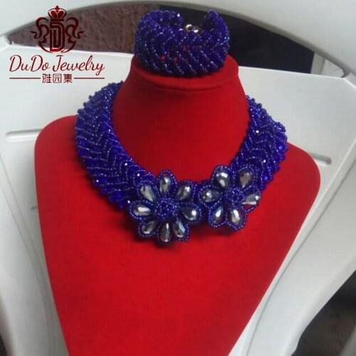 Big Design Costume Jewelry Set Fashion Royal Blue Crystal Nigerian Beads Necklace Set Dubai Silver Flowers Jewelry Sets 2017 NEW