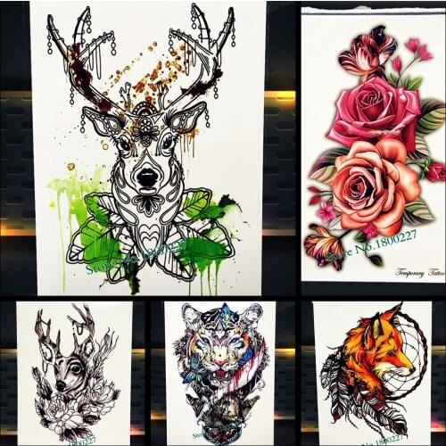 25 Style Long Lasting Deer Temporary Tattoo Women Body Art Tatoo Arm Sleeve Henna Rose 21x15CM Elk Fake Flash Tattoo Black